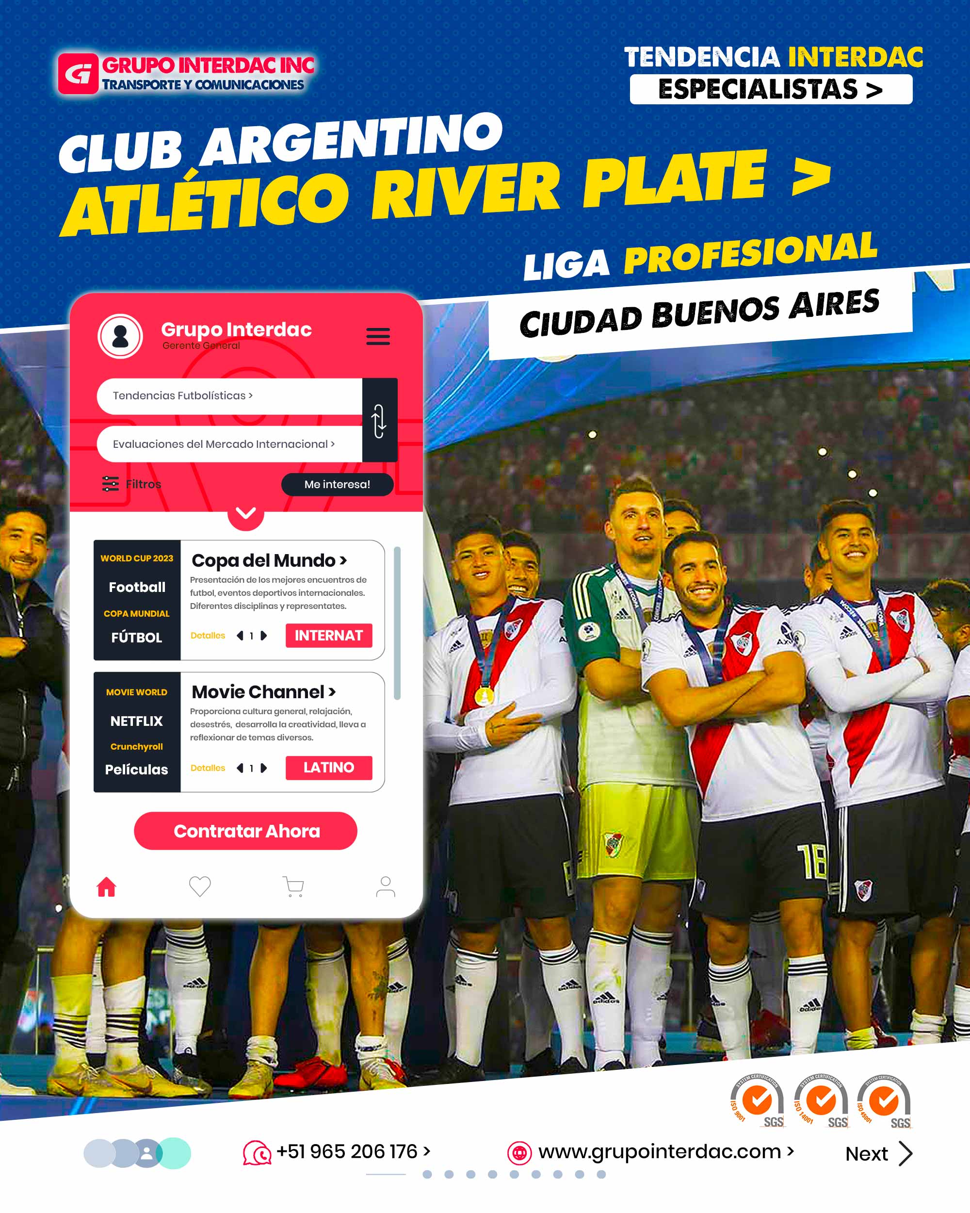 ​​Historia y Prestigio: Fundado en 1901, River Plate es uno de los clubes más antiguos y prestigiosos de Argentina y Sudamérica. Estadio Monumental: River Plate juega sus partidos en el Estadio Monumental, uno de los estadios más grandes e icónicos del mundo, con capacidad para más de 70,000 espectadores. Rivalidad con Boca Juniors: El Superclásico entre Atlético River Plate y Boca Juniors es uno de los derbis más apasionantes y trascendentales del fútbol mundial, generando una de las rivalidades más intensas y emocionantes. Títulos Nacionales e Internacionales: River Plate ha ganado numerosos títulos a nivel nacional, incluyendo la Primera División de Argentina, y ha tenido éxito a nivel internacional, con varias Copas Libertadores y títulos internacionales. La Mística del Millonario: River Plate es conocido como El Millonario debido a su histórica capacidad para realizar grandes fichajes y armar equipos competitivos. Cantera de Talentos: El club ha producido una gran cantidad de talentosos futbolistas en su cantera, algunos de los cuales se han convertido en estrellas a nivel mundial. Fútbol Ofensivo y Atractivo: Atlético River Plate se caracteriza por su estilo de juego ofensivo, atractivo y vistoso, buscando siempre el arco rival y proponiendo un juego agresivo. Hinchada Apasionada: Los seguidores de River Plate, conocidos como Los Borrachos del Tablón, son famosos por su pasión y apoyo incondicional al equipo en cada partido. Reconocimiento Internacional: River Plate es ampliamente reconocido a nivel internacional y tiene una gran cantidad de seguidores en todo el mundo. Responsabilidad Social: El club realiza acciones y proyectos sociales para beneficiar a la comunidad, utilizando su influencia para hacer un impacto positivo fuera del campo. La empresa Grupo Interdac Inc tiene un compromiso ambiental sostenible para la optimización de recursos naturales a través de herramientas computacionales en beneficio del planeta. Nuestra empresa es lider en creación de herramientas digitales para empresas transnacionales dedicadas al sector industrial y de recolección y transporte de residuos solidos.